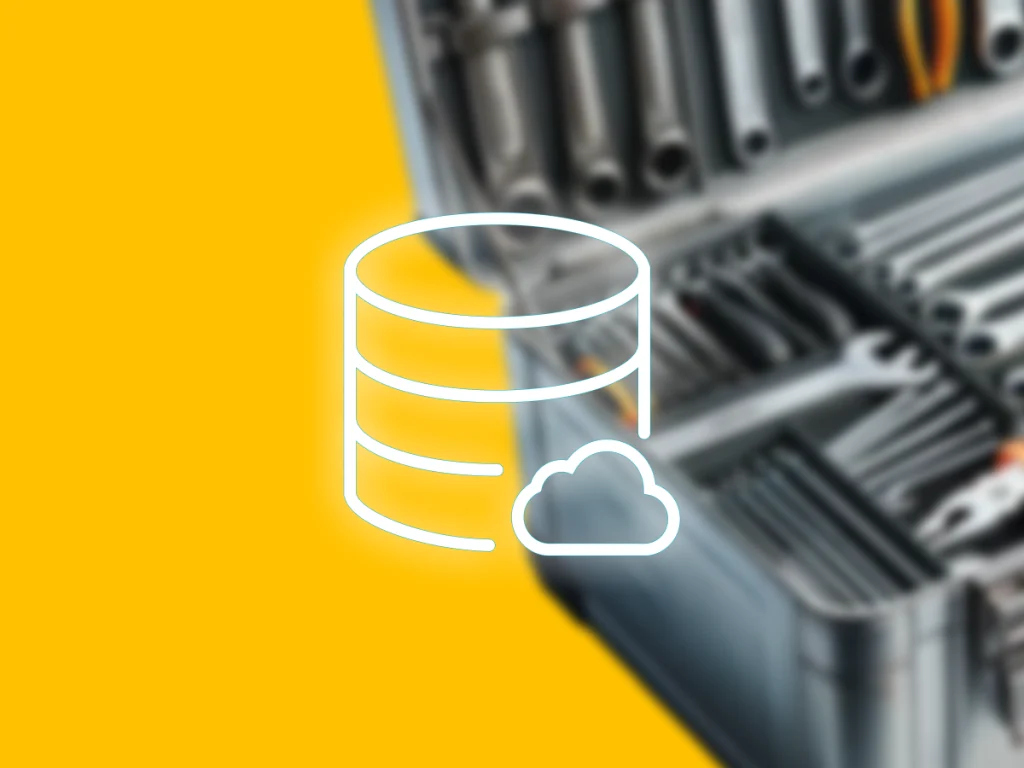 a toolbox showing tools inside over the ShareMyToolbox yellow background. Overlayed on top is a cloud database icon.