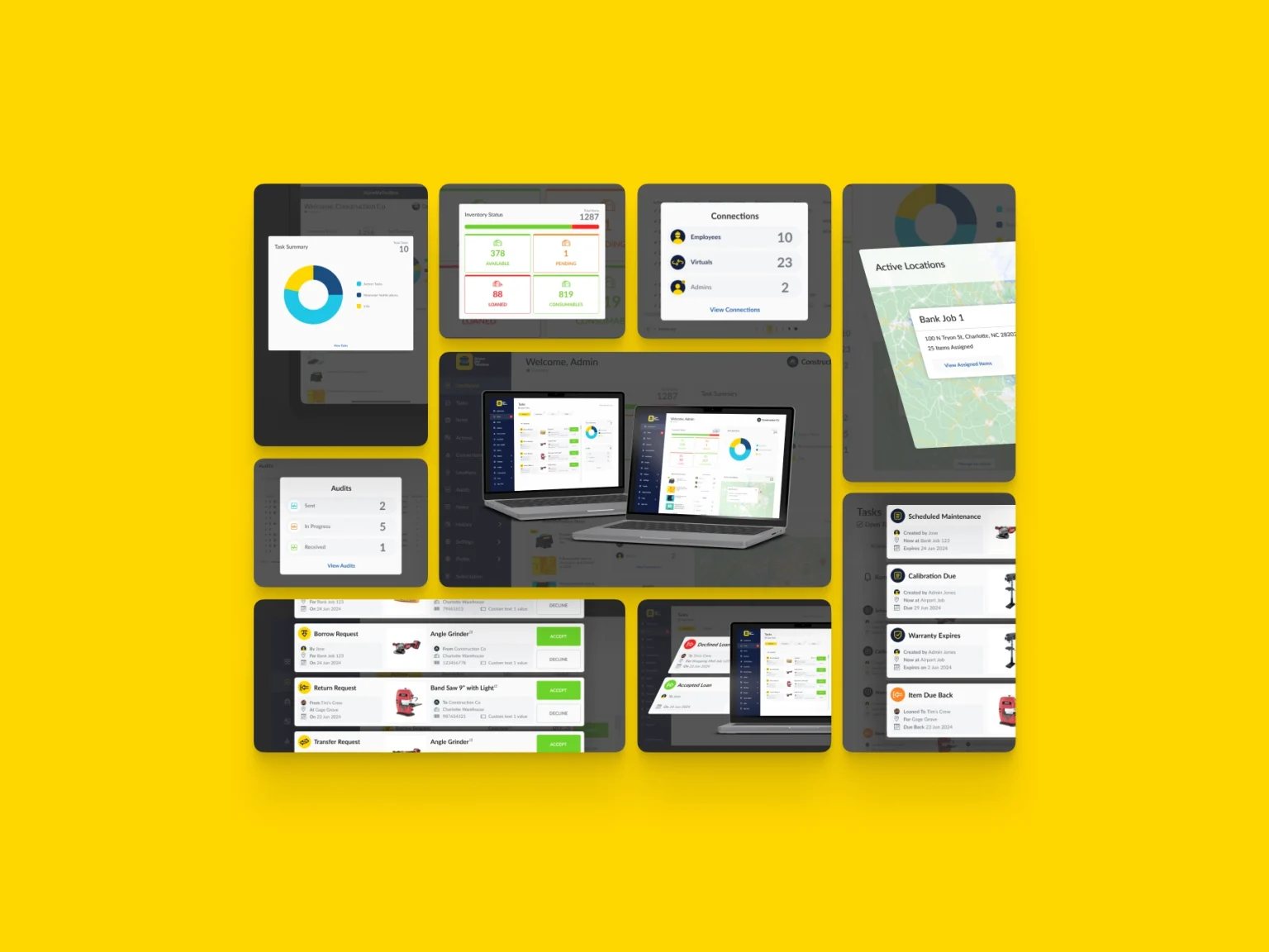 ShareMyToolbox Dashboard and Task Manager shown in feature boxes for smarter tool management for field teams