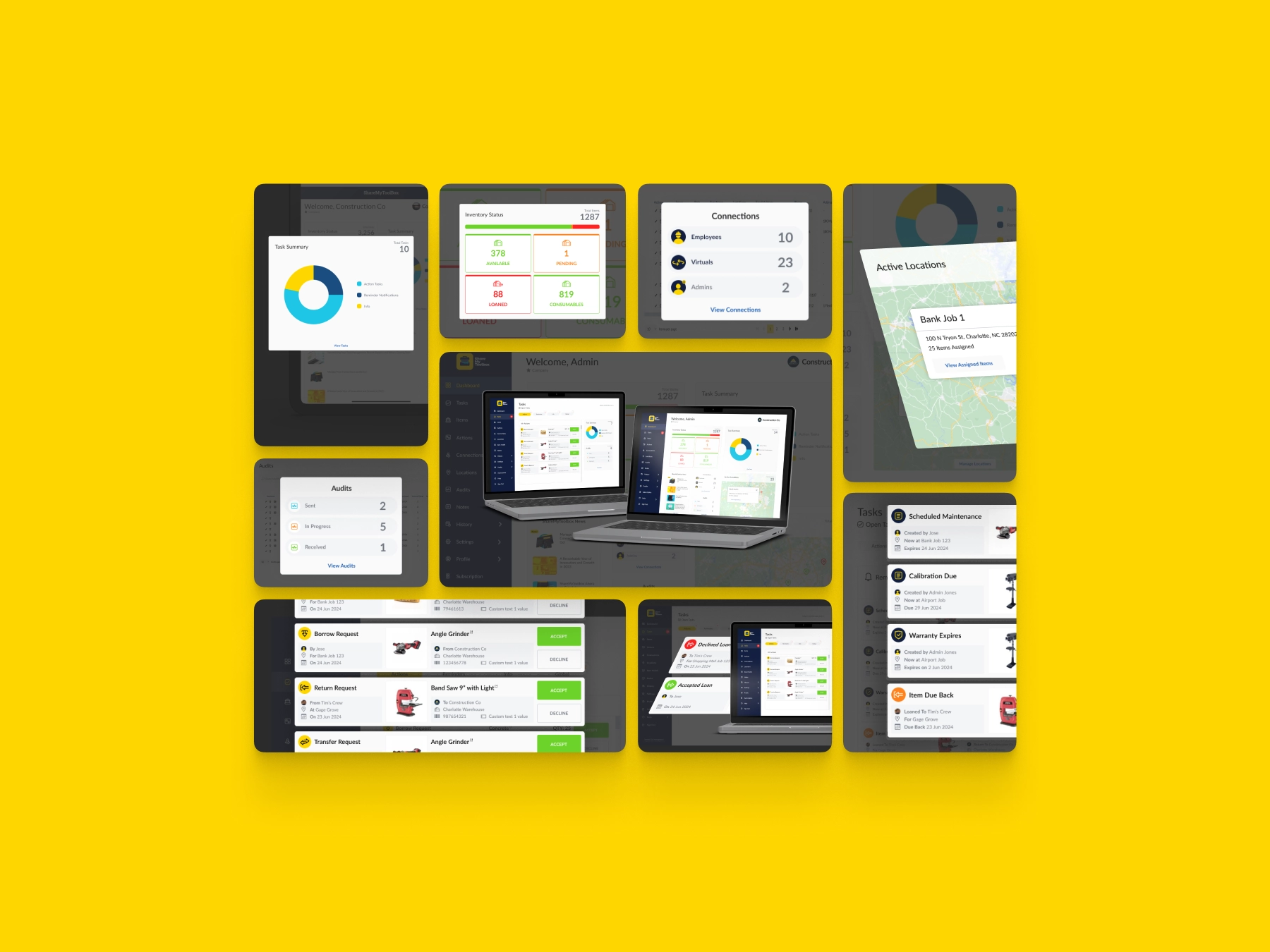 ShareMyToolbox Dashboard and Task Manager shown in feature boxes for smarter tool management for field teams