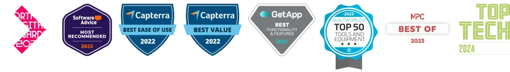 Free trial recognized by Northern Digital Awards 2024 Winner, Software Advice Most Recommended, Capterra Best East of Use, Capterra Best Value, GetApp Best Functionality and Features, BuiltWorlds Top 50 Tools and Equipment, MPC Best of, 2024 Construction Executive Top Tech Award Winner