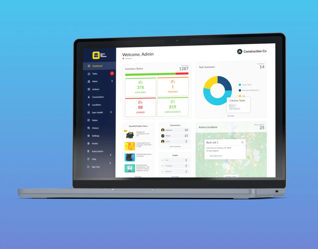 laptop with the ShareMyToolbox web portal showing the dashboard that helps track productivity and boosts profitability. 