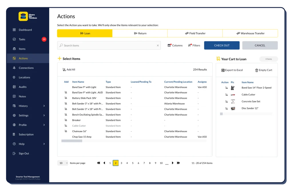 ShareMyToolbox Actions Screen allowing users to transfer or loan items and tools in bulk using a cart check-out system. 