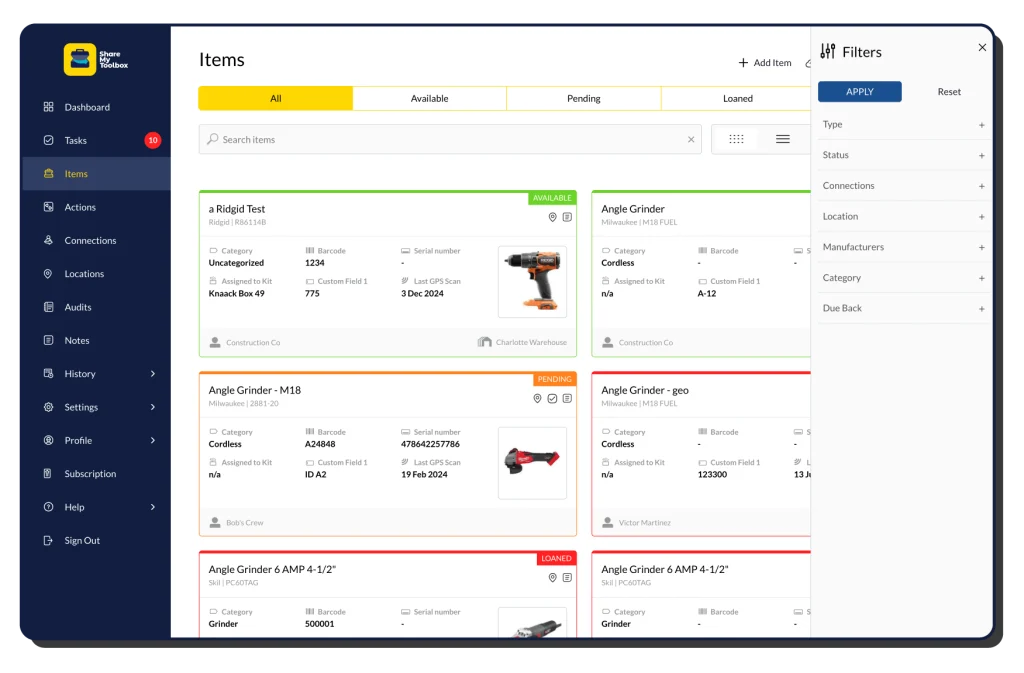 ShareMyToolbox Item search screen showing results and filter view options. 