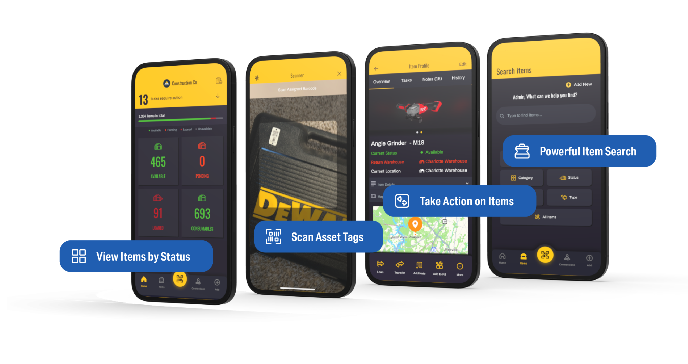 Various ShareMyToolbox screens on mobile phones. View Items by Status. Scan Asset Tags, Take Action on Items, Powerful Item Search