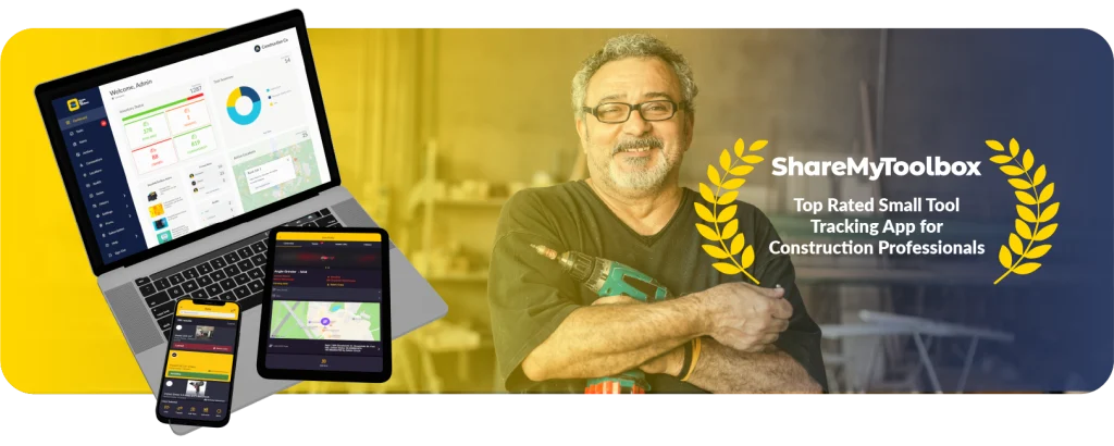 ShareMyToolbox is the Top Rated Small Tool Tracking App for Construction Professionals. Man holding a power drill, smiling. ShareMyToolbox products shown on laptop, smartphone and tablet.