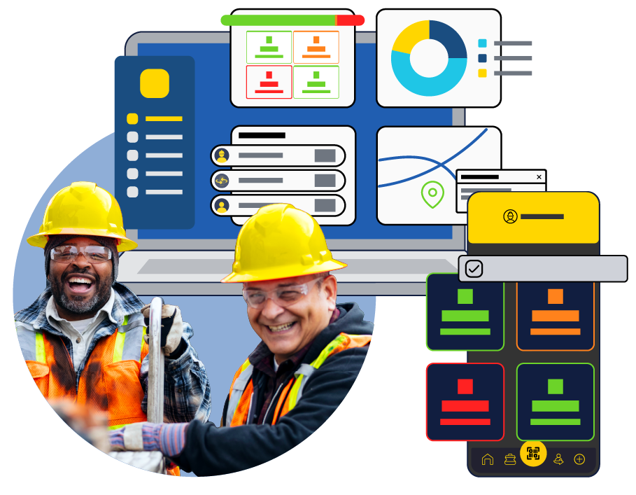 small tool tracking with ShareMyToolbox showing a drawing of web portal and mobile app for contractors and field teams