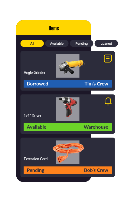 ShareMyToolbox app showing item search results with borrowed, available, and pending loaned tools and items. 