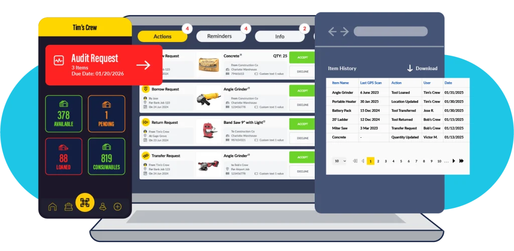 ShareMyToolbox app and Web Portal Audit Request, Tasks Requiring Action, and Item History for small tool tracking.